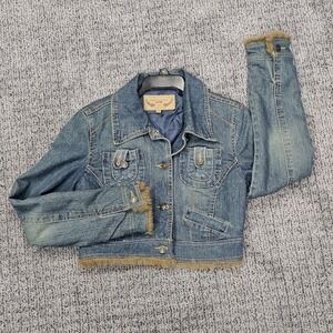 Marcelle Renee Cropped Medium Wash Denim Jean Jacket Womens Fur Trim Size Medium